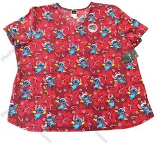  Disney Women's Red Winter / Christmas Candy Cane STITCH Scrub Top NWT Size 3XL 