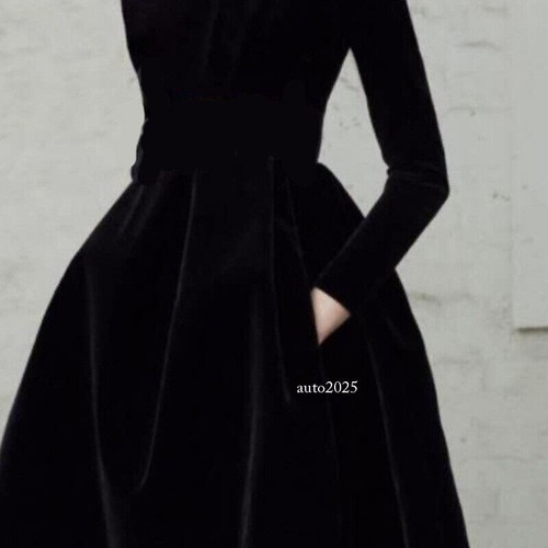 Women Turtleneck Ball Gown Black Velvet Long Sleeve A Line High Waist Tutu Dress - Picture 3 of 18