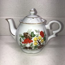 Vtg Tea Pot White Ceramic Fruits Nuts Berries Leaf Acorn Gold Pinstripes Japan
