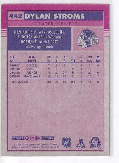 2020-21 O-Pee-Chee Retro #442 Dylan Strome Chicago Blackhawks - Image 2 of 2