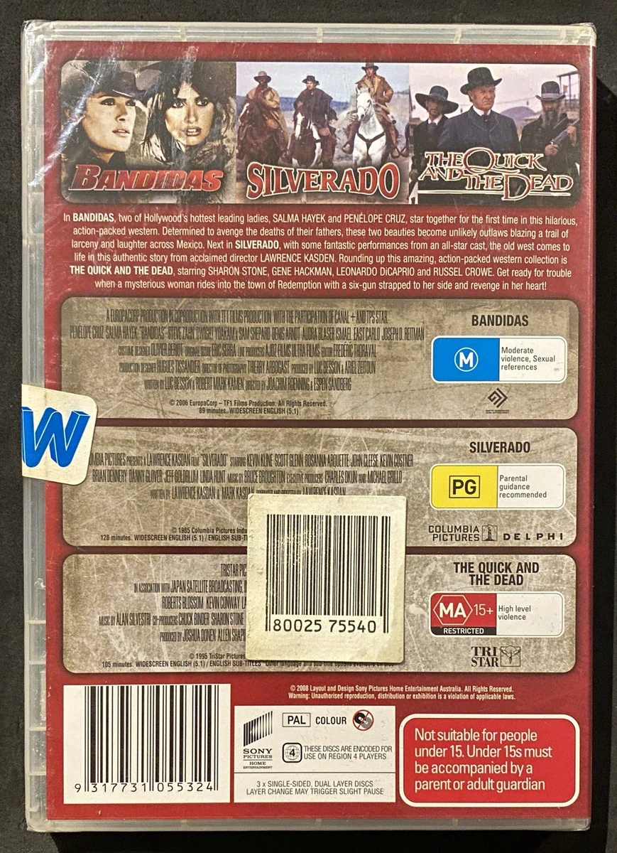 BANDIDAS / SILVERADO / QUICK & THE DEAD DVD (3 DISCS) BRAND NEW WESTERN REGION 4