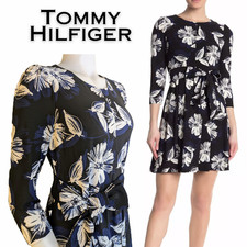 Tommy Hilfiger Fit & Flare Minidress 8 Black Blue White Floral 3/4 Sleeve NEW