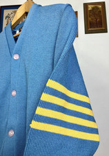 Vintage 1960's Bright Blue Yellow Letterman Blank Cardigan Wool Sweater S Preppy
