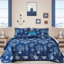 Coastal King Size Quilt Set 3 Pcs, Summer Blue Beach Theme Quilts with Pillowcas