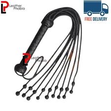 Real Cowhide Black Leather Flogger 09 Thick Tails Heavy & Thuddy impact Whip