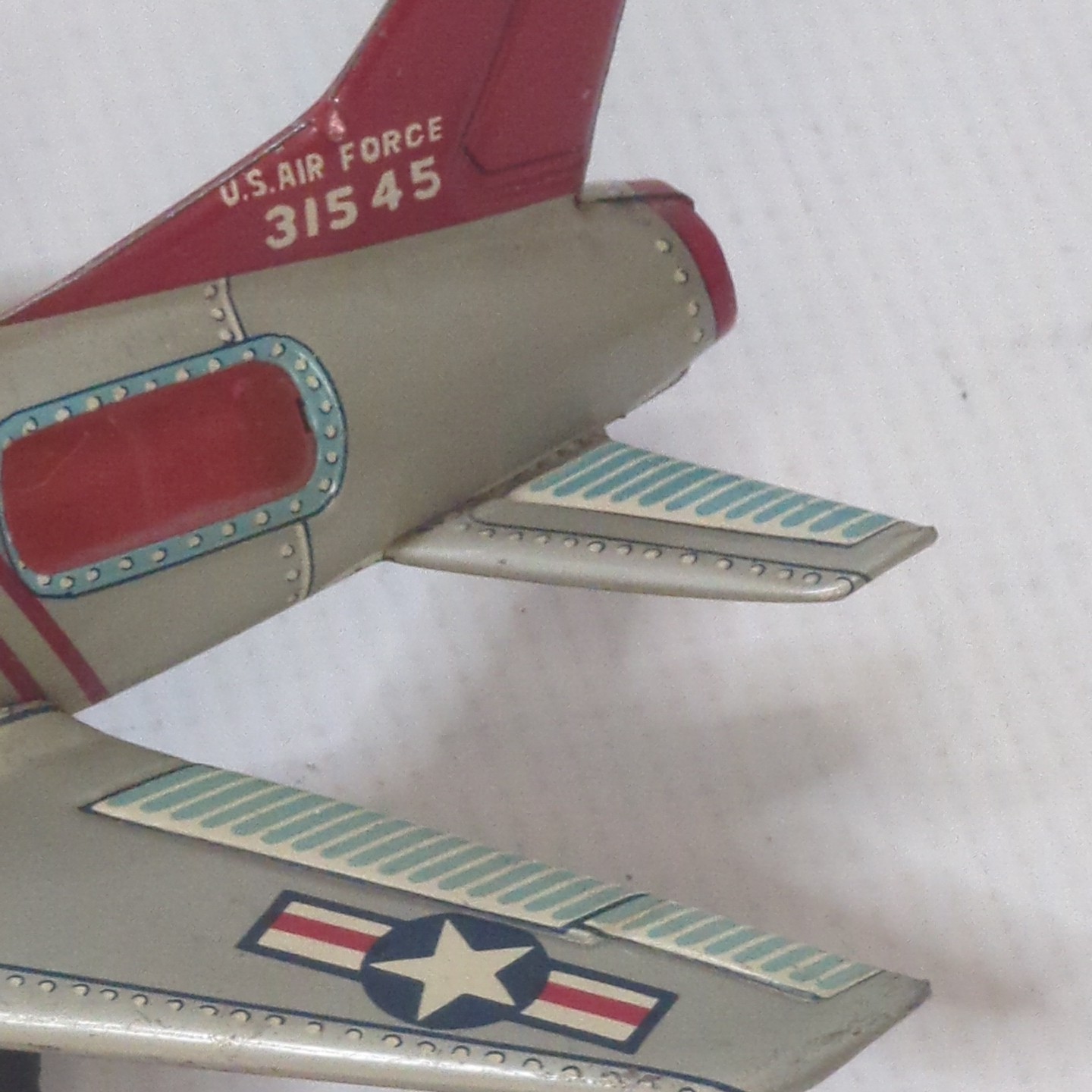 Vintage Tin Litho USAF F-100 Jet Toy 1950s Wind-Up Airplane 6" Japan Style