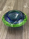 Vintage Murano? Blue Green Art Glass Ashtray Controlled Bubble 5”