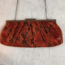 VINTAGE OLGA BERG ORANGE SNAKESKIN CLUTCH PURSE WITH CHAIN STRAP