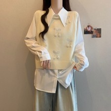 Lady Knit Vest Round Neck Tank Top Gilet Sleeveless Sweater Beaded Pullover Soft