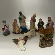 Set of 11 VTG Nativity Figures Plaster Hand Painted Primitive Style Christmas