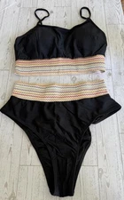 Blooming Jelly High Waisted Thong Black Bikini Set with Colorful Zigzag Medium