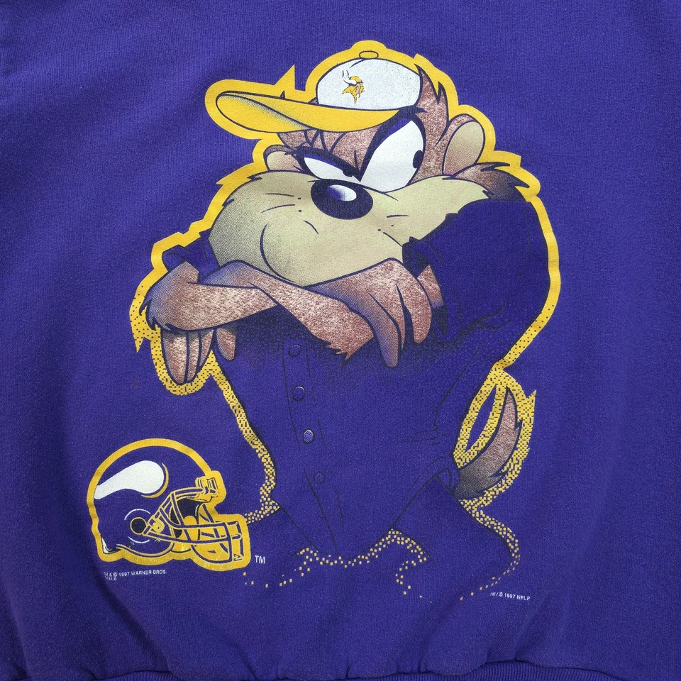 Suéter De Colección Minnesota Vikings Para Hombres Grande Púrpura NFL Fútbol Taz Looney Años 90 Foto 2 de 4