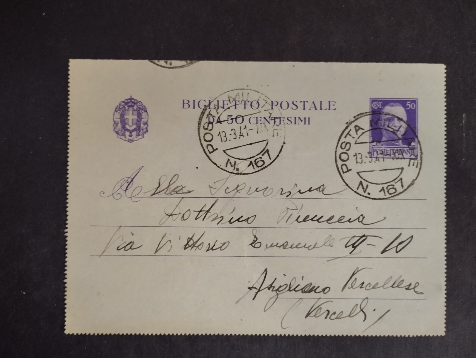 Timbro Posta Militare N. 167 WW2 Comando Base Brindisi 13-3-1941 WZ926