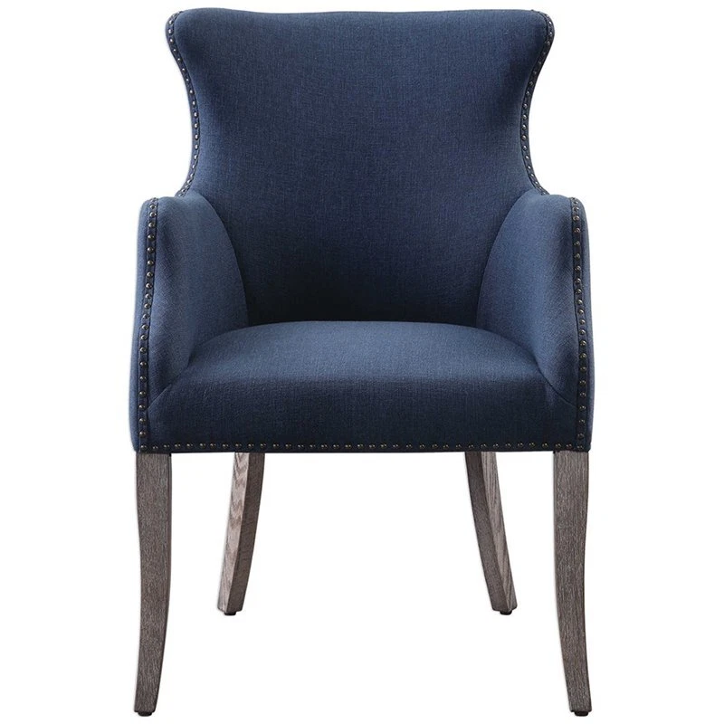 Silla con respaldo de ala de madera y tela costera Yareena Uttermost - azul denim/roble Foto 3 de 4