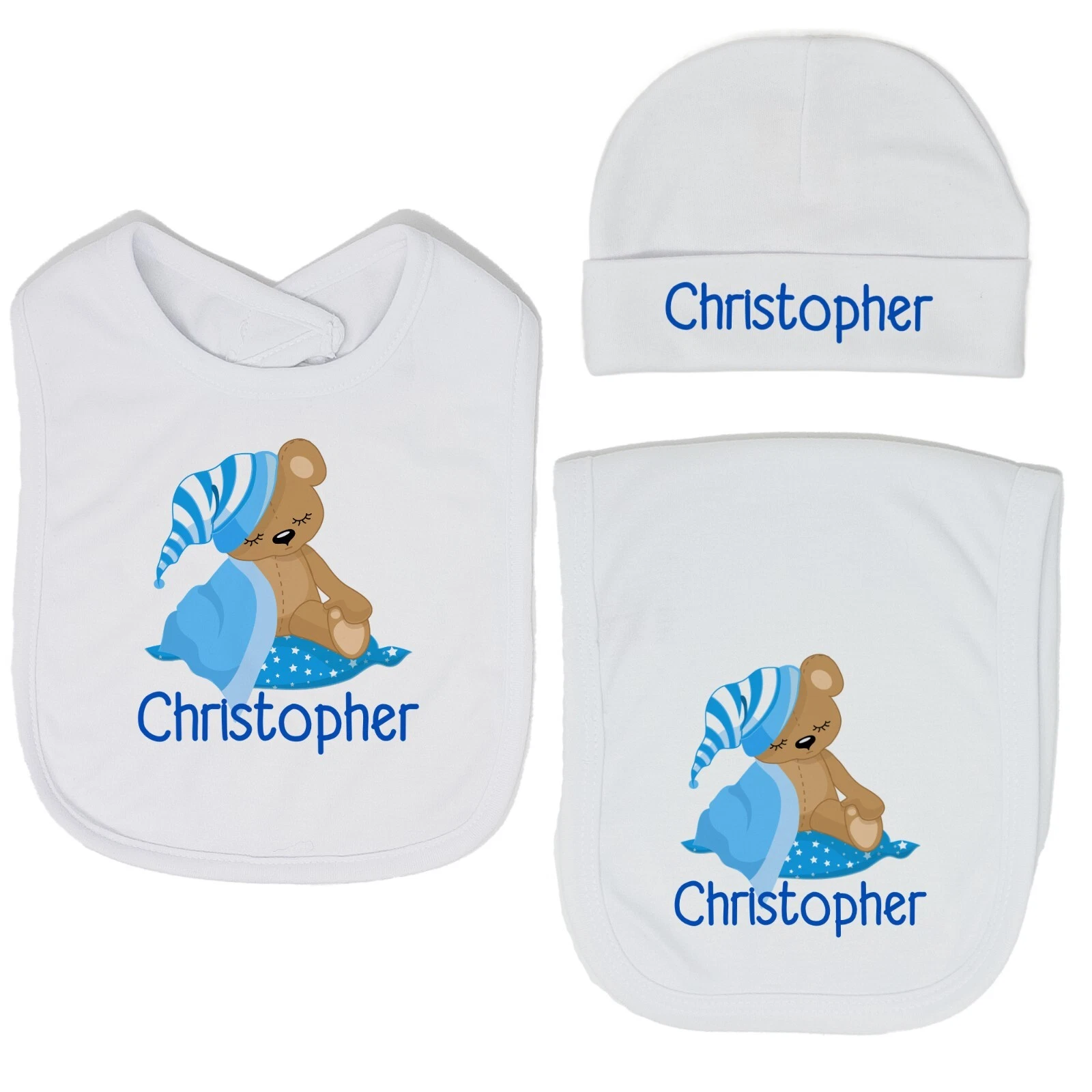 Baby Boy Personalized Custom Sleeping Bear Bib and Burp Cloth Set VS2
Opens in a new window or tab