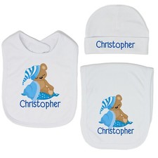 Baby Boy Personalized Custom Sleeping Bear Bib and Burp Cloth Set VS2