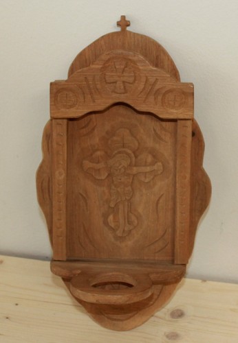 Vintage religious hand carved wall hanging wood icon with oil lamp holder - Picture 6 of 7