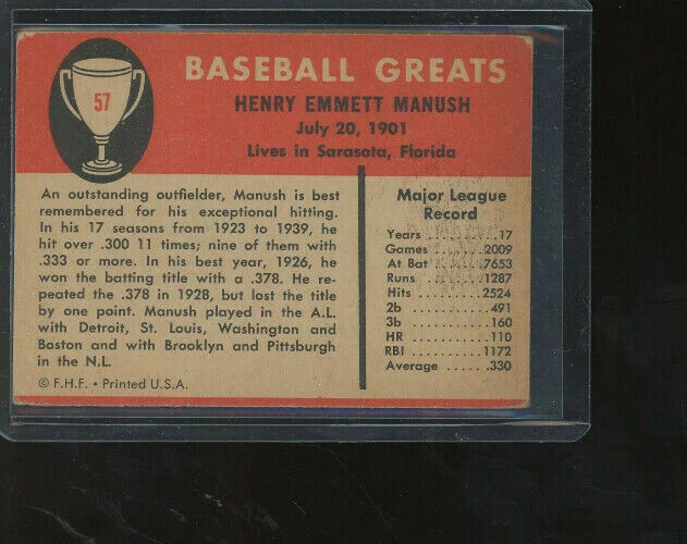 1961 Fleer Baseball Greats Heine Manush #57 Foto 2 de 2