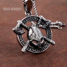 Viking Helmet Axe Rune Pendant Norse Stainless Steel Necklace Amulet Warrior