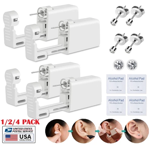 4× Ear Piercing Disposable Kit Silver Stud Earring Gun DIY Home Self Ear Sets US - product listing photo