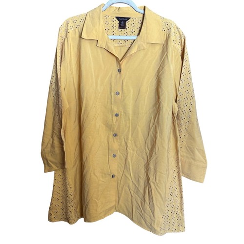 Multiples Tunic Top Women 2X Yellow Eyelet Button Up Stretch Blouse