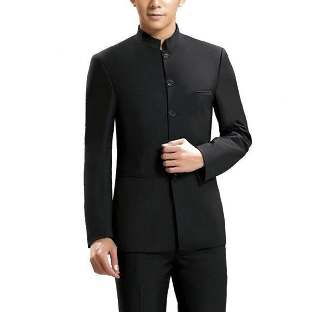 Men's Single-Breasted Jacket Suit Chinese Zhongshan Coat Mandarin Collar  Black