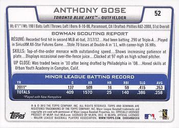 2012 Bowman Draft Picks & Prospects #52 Anthony Gose QTY - Picture 2 of 2