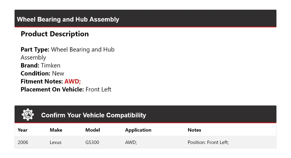 Conjunto de cojinete de rueda y buje delantero izquierdo Timken para Lexus GS300 2006 AWD Foto 2 de 4