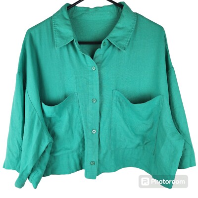 Minimalist Linen Blend Cropped Shirt Green Boxy Oversized Pockets Boho Artsy 