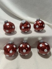 SET OF 6 Shatterproof Christmas Ornament Balls Red White Glitter Polka Dots