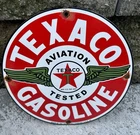 VINTAGE 1949 DATED TEXACO AVIATION TESTED GASOLINE WINGS PORCELAIN SIGN GAS OIL