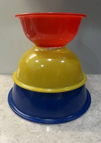 GUC Great Set of3 Vintage Pyrex Primary Color Clear Bottom Nesting Mixing Bowls
