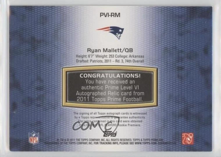 2011 Topps Prime Level VI Relic Gold /25 Ryan Mallett #PVI-RM Rookie Auto RC - Image 2 of 2