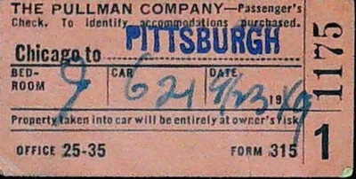 Pullman Company Ticket Stub Chicago To Pittsburgh Train Bedroom Stamp 9/22/1949