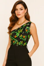 Cami NYC Darby Silk Charmeuse Bodysuit One Shoulder Kiwi Print Black L NWOT
