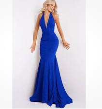 NWT Jovani Royal Blue Shimmer Halter Gown Low Back Dress Women’s 6 Pageant Forma