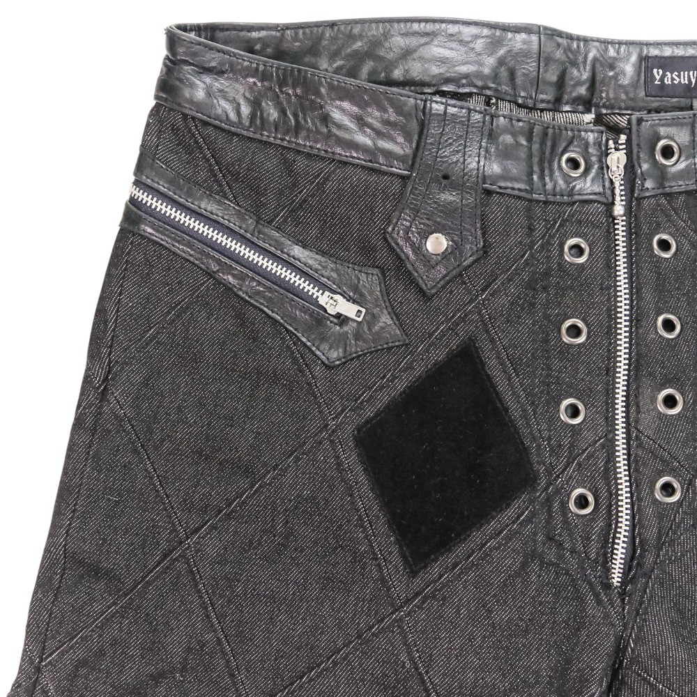 YASUYUKI ISHII Leather Denim Patchwork Pants, Size M, Black mens