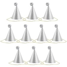 10Pcs Silver Cone Party Hats Kids Birthday Paper Headwear with Pompoms Reusable