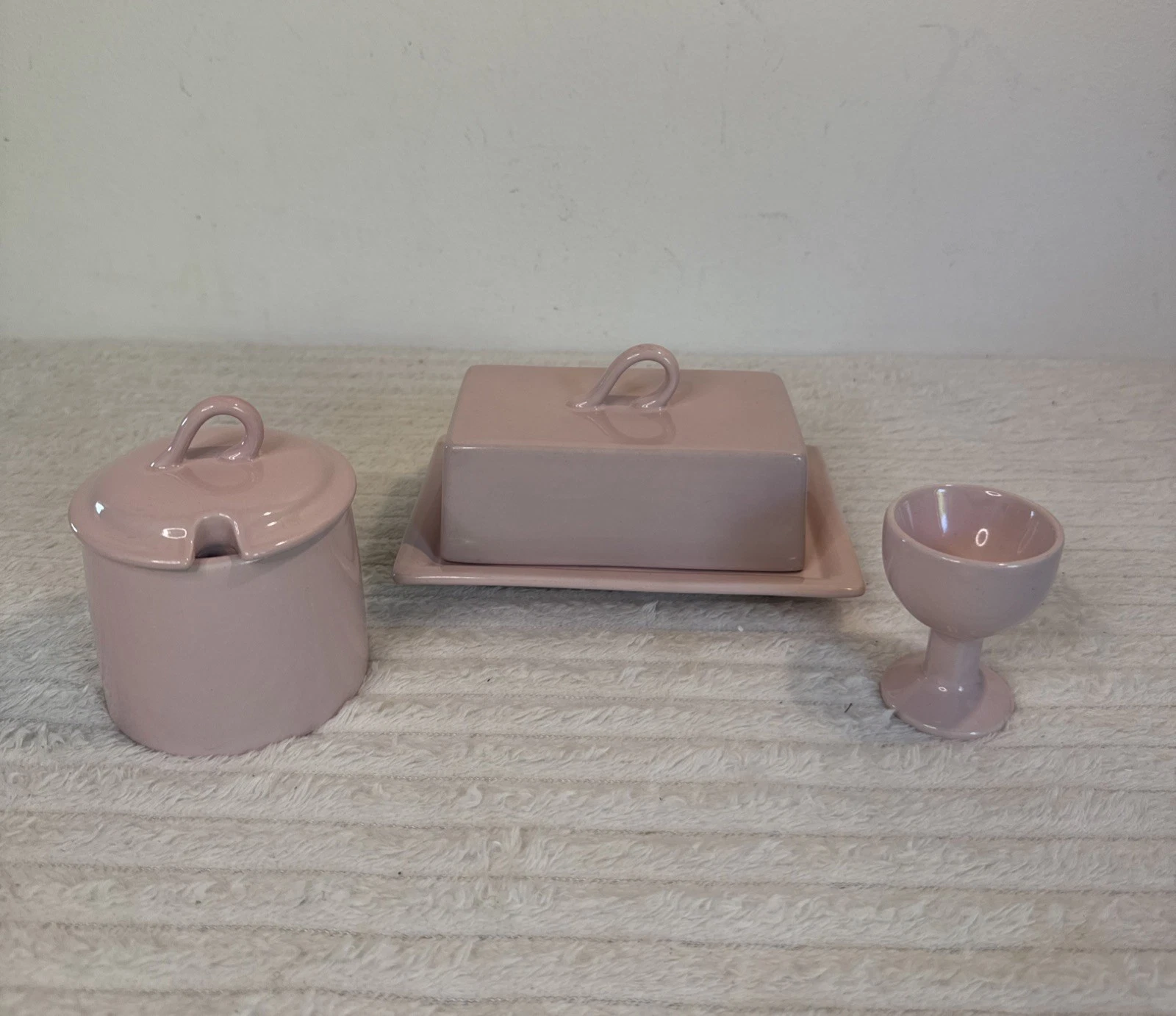 Carlton Ware England Pink Ceramic Butter Dish Sugar Bowl & Egg Cup Set