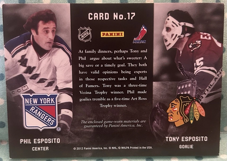 PHIL & TONY ESPOSITO 2012 Panini Prime Combos de Hóquei Jogo Material Relíquias 11/25 - Imagem 2 de 2