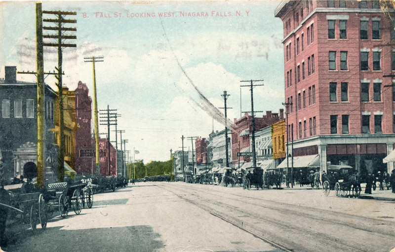 FALL ST. LOOKING WEST, NIAGARA FALLS, N.Y. HORSES/WAGONS. TROLLEY TRACKS.