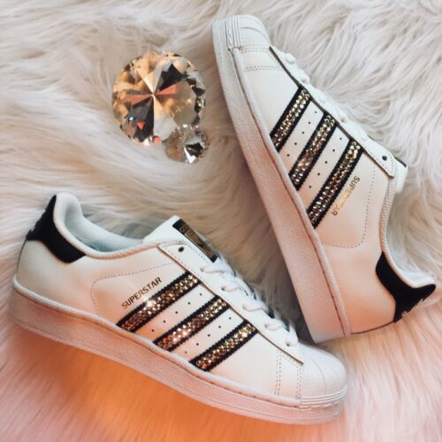 Bling Women's Adidas Shoes w/Swarovski Crystals Originals Superstar Black w/Gold - Picture 1 of 8