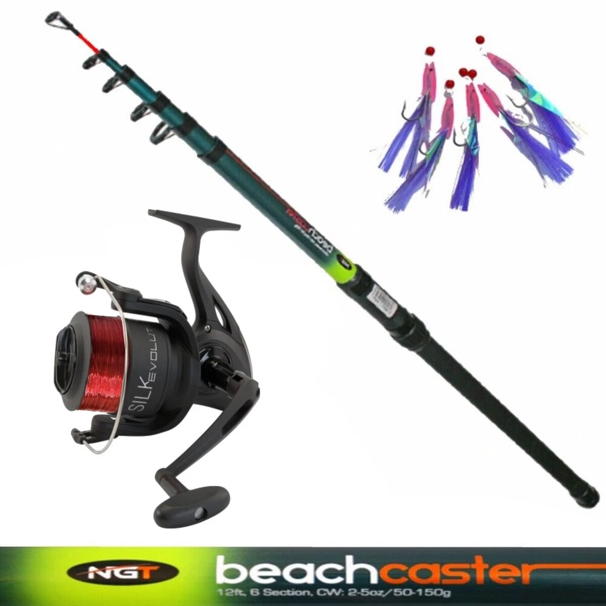 Telescopic Beachcaster Fishing Rod NGT 12ft + Reel Sea Beach + Mackerel  Feathers