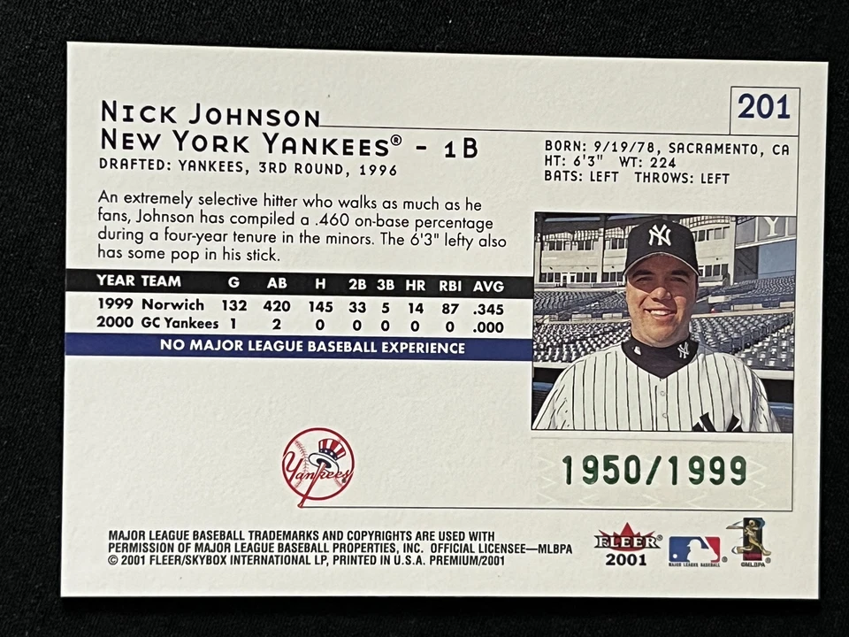 2001 Fleer Premium Prospects Nick Johnson /1999 #201 Rookie New York Yankees - Image 2 of 2