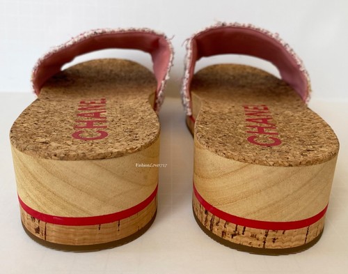 NEW 20P CHANEL RED PINK TWEED CC LOGO SLIDES FLATS MULES 41 - Picture 9 of 12