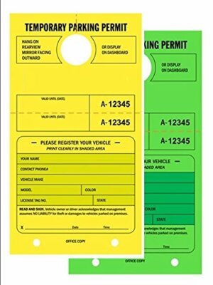 TEMPORARY PARKING PERMIT- Mirror Hang Tags,Numbered with Tear-Off Stub PK004FGY-