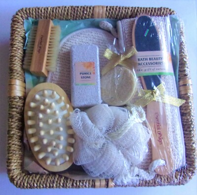 BATH BEAUTY ACCESSORIES 9 pc Nature Gift Basket PUMICE STONE-BRUSHES-LOOFAH