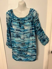 Women's AB Studio Blue Multi Cold Shoulder Top with Attached Cami     Size Large