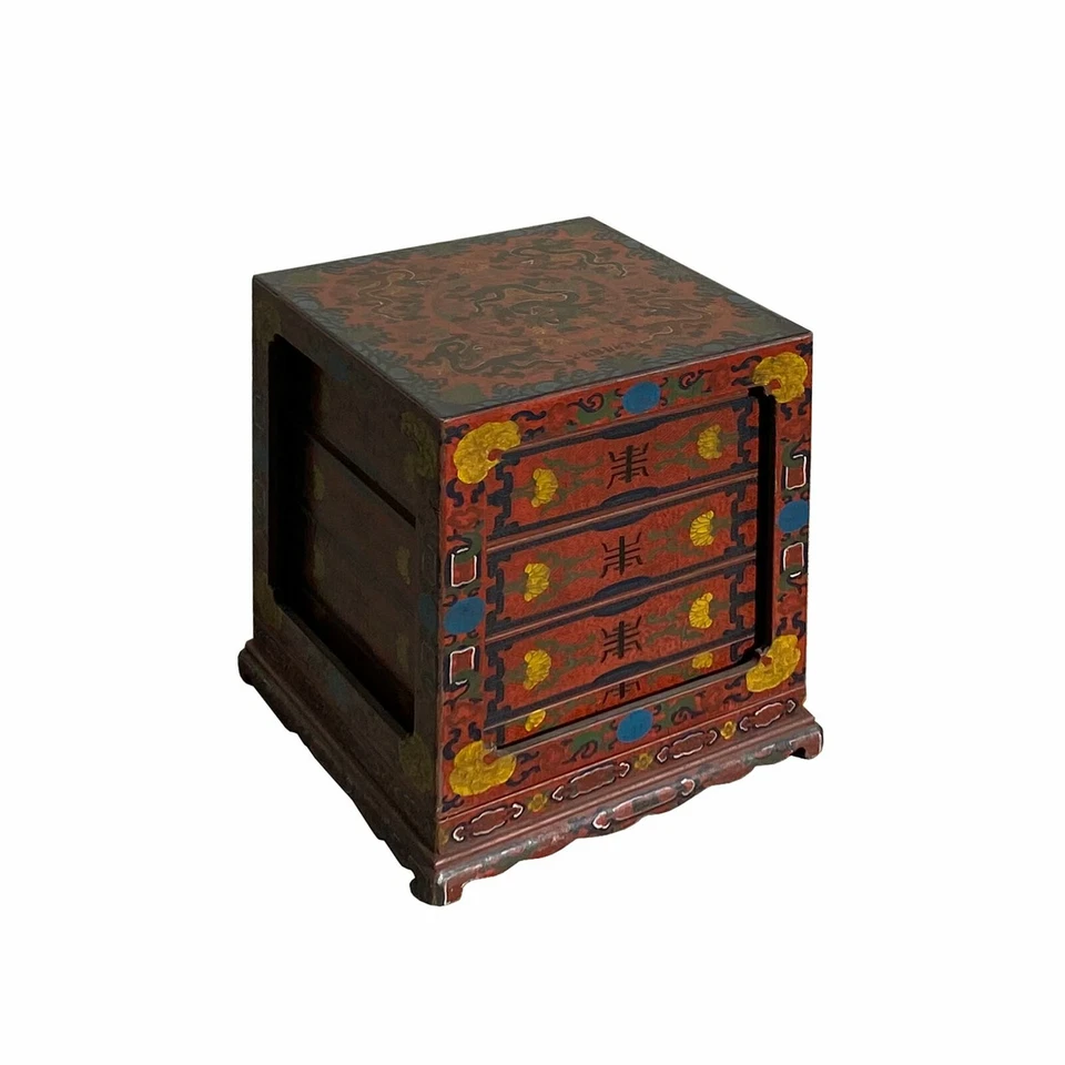 Chinese Distressed Brownish Red Dragon Graphic Trunk Box Chest ws1880 - Image 2 of 4