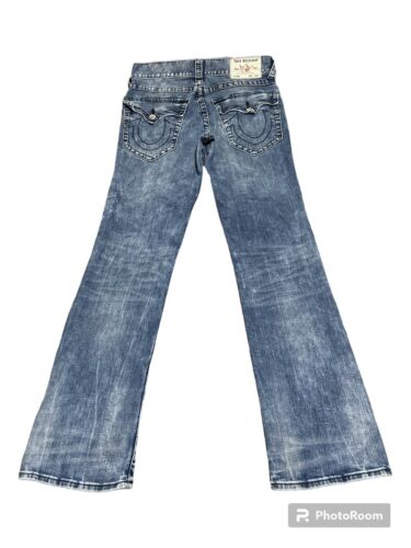 Jeans a ferro di cavallo 32x33 True Religion Ricky cuciti neri denim blu acido logo Y2k - Foto 1 di 10